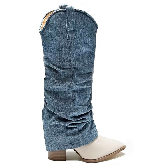 New Blue Denim Cowboy Fold Over Knee High Tall Boots - Picture 3 of 5